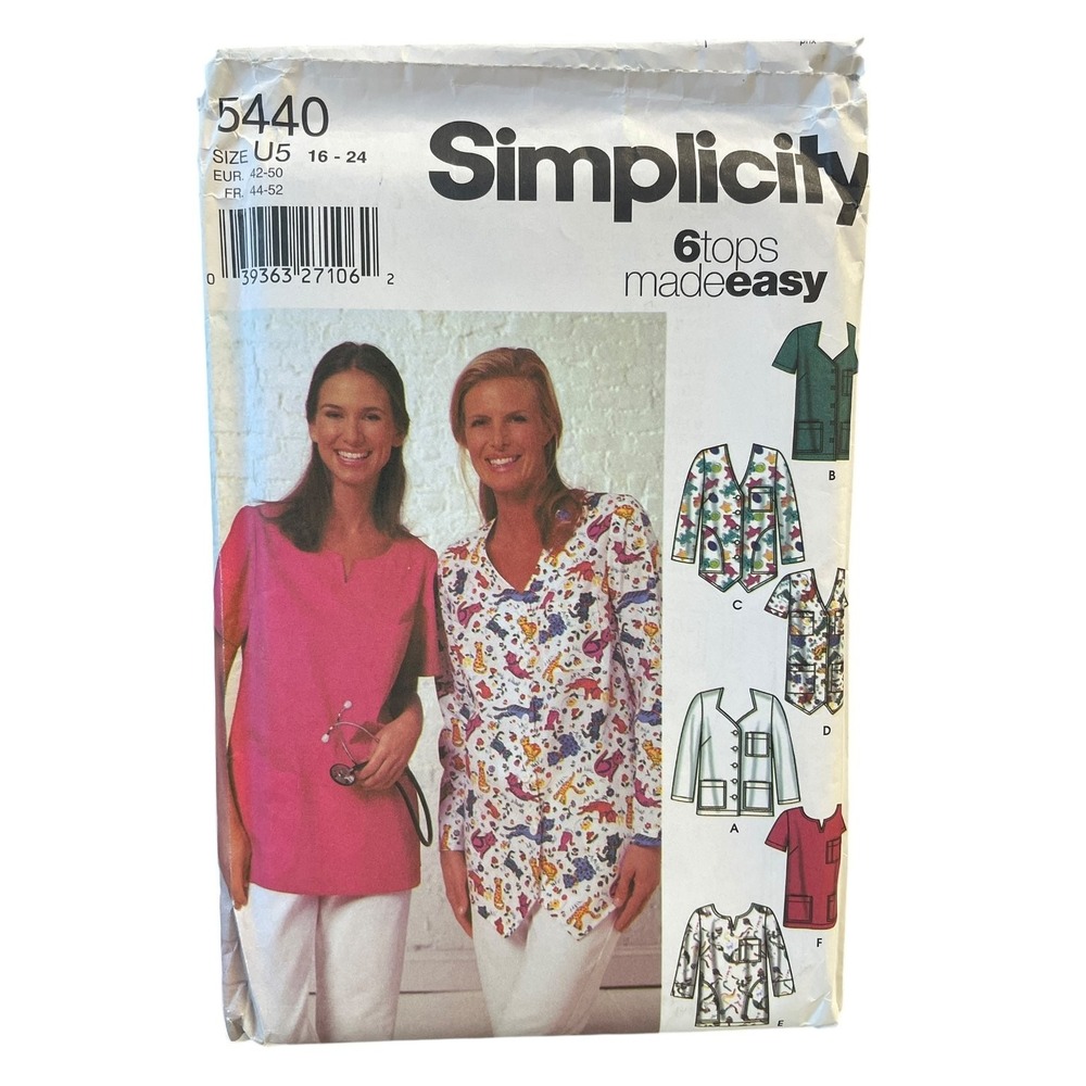 Simplicity 5440 Scrubs Tops Sewing Pattern Misses Size 16-24 Uniform Medical
